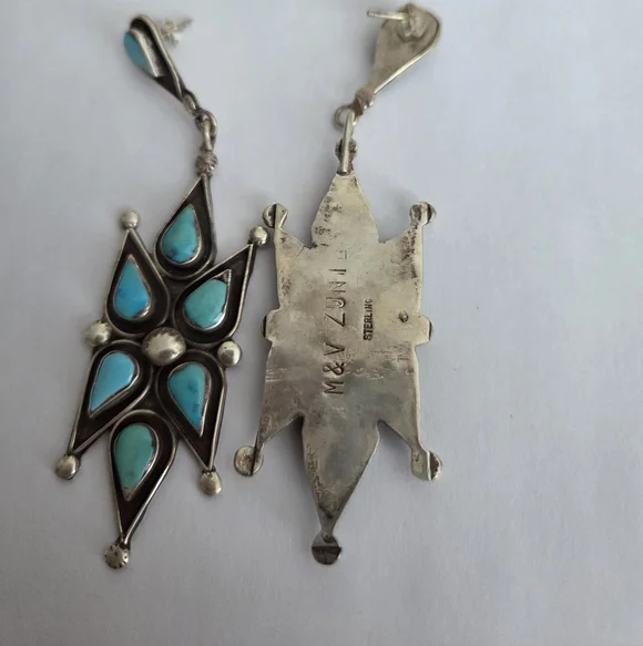 Vintage Signed Turquoise Silver Dangle Earrings - Picture 2 of 5